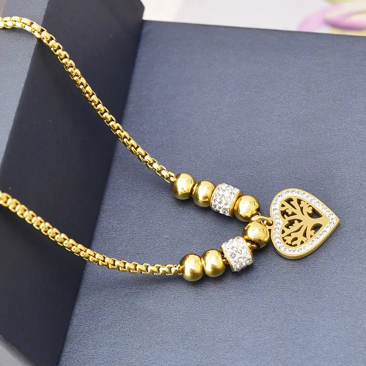 European and american style titanium steel heart tree of life rhinestone necklace for women simple love charm jewelry