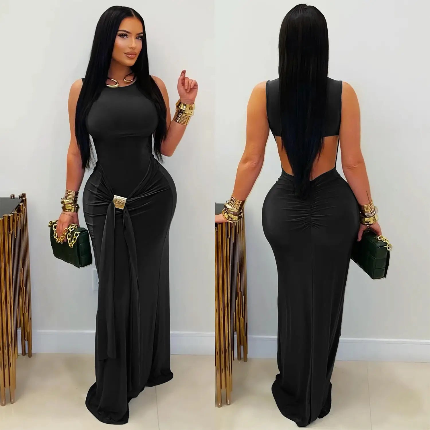 Fashion women’s elegant solid color slim backless dress