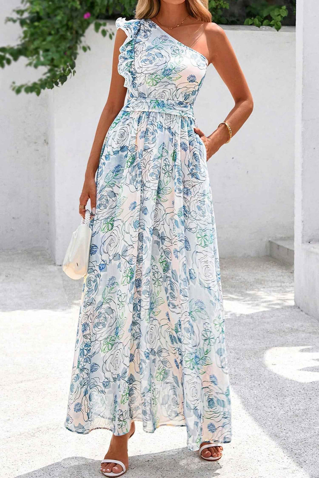 Sky Blue Floral Print Ruffled One Shoulder Vacation Maxi Dress