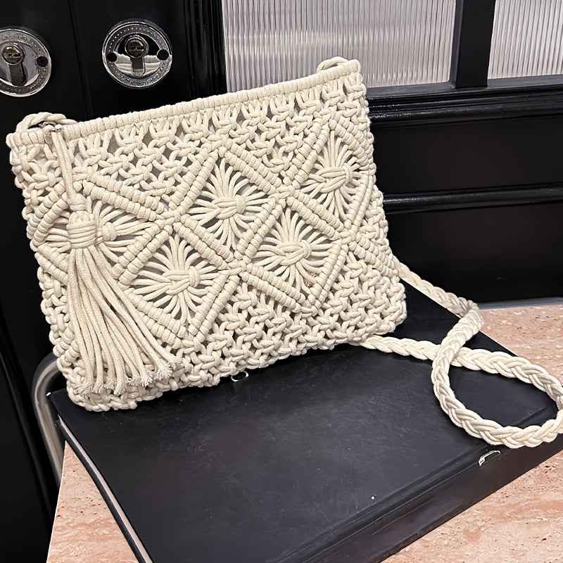 Boho Chic Handwoven Geometric Tassel Beach Tote Bag