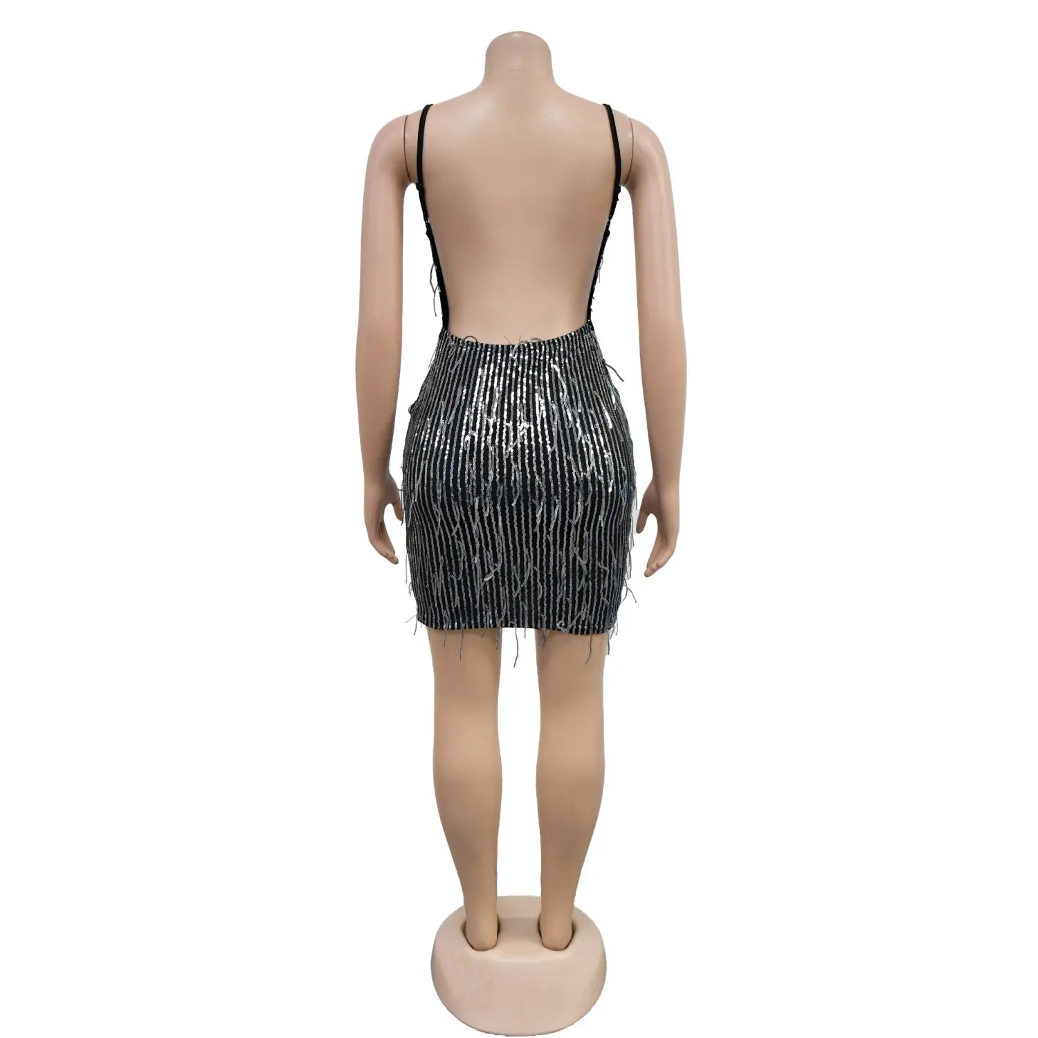 Style solid color sleeveless sequin v-neck backless dress