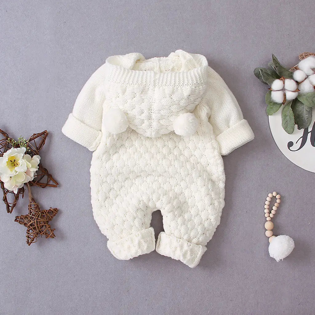 Children’s three-dimensional fur ball hooded solid color knitted jumpsuit