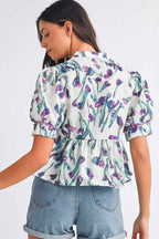 Purple Floral Ricrac Trim Puff Sleeve Peplum Blouse