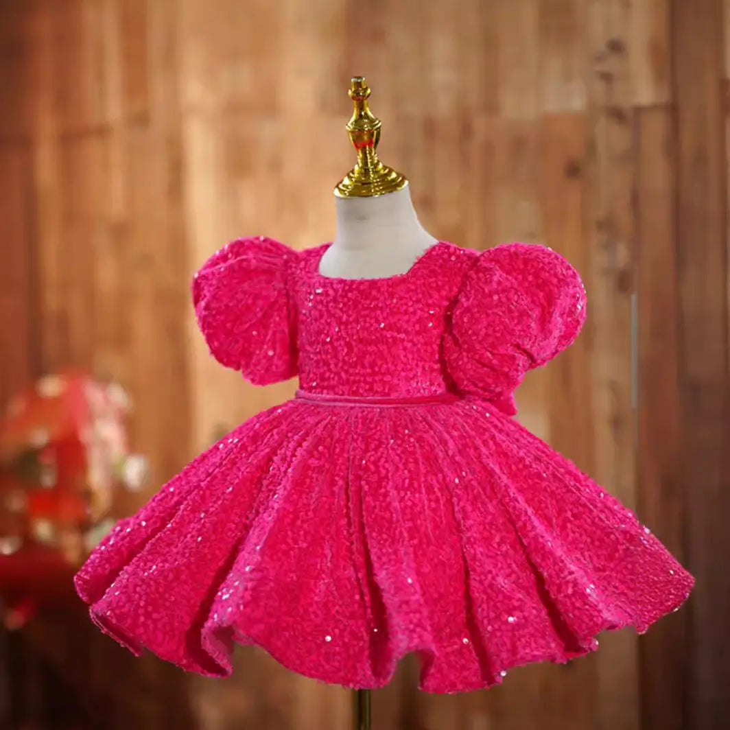 Rose red girls’ dress birthday party princess runway piano performance costume flower girl short skirt