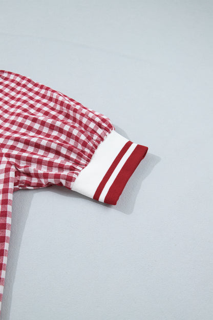Red Gingham Striped Patchwork Half Zip Blouse
