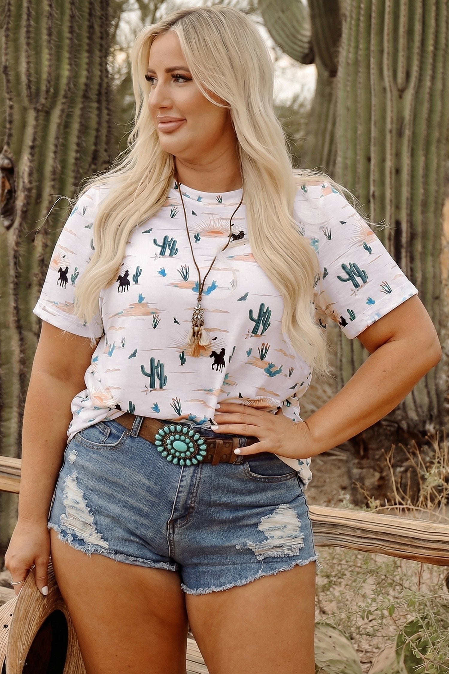 Beige Plus Size Western Print Dropped Shoulder Tee
