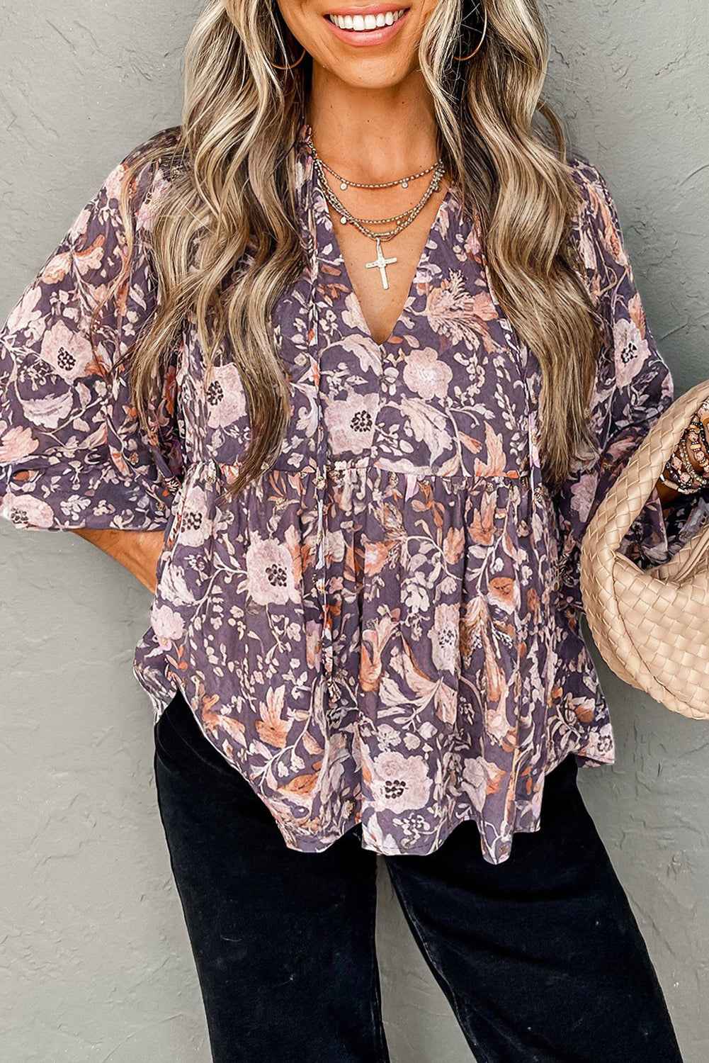 Blue Boho Floral Print 3/4 Sleeve Babydoll Blouse