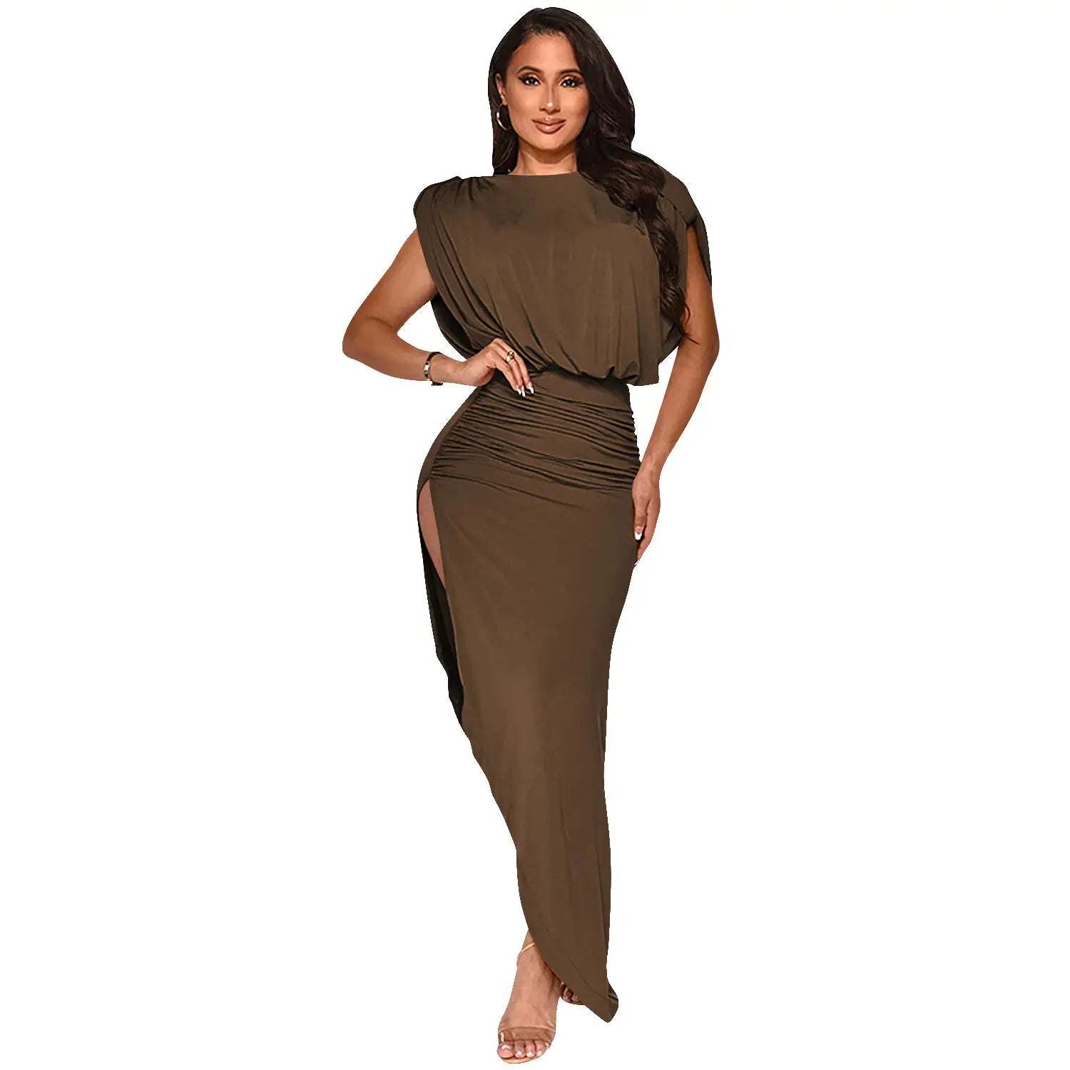 Fashion solid color women’s round neck sleeveless pleated asymmetrical slit long dress