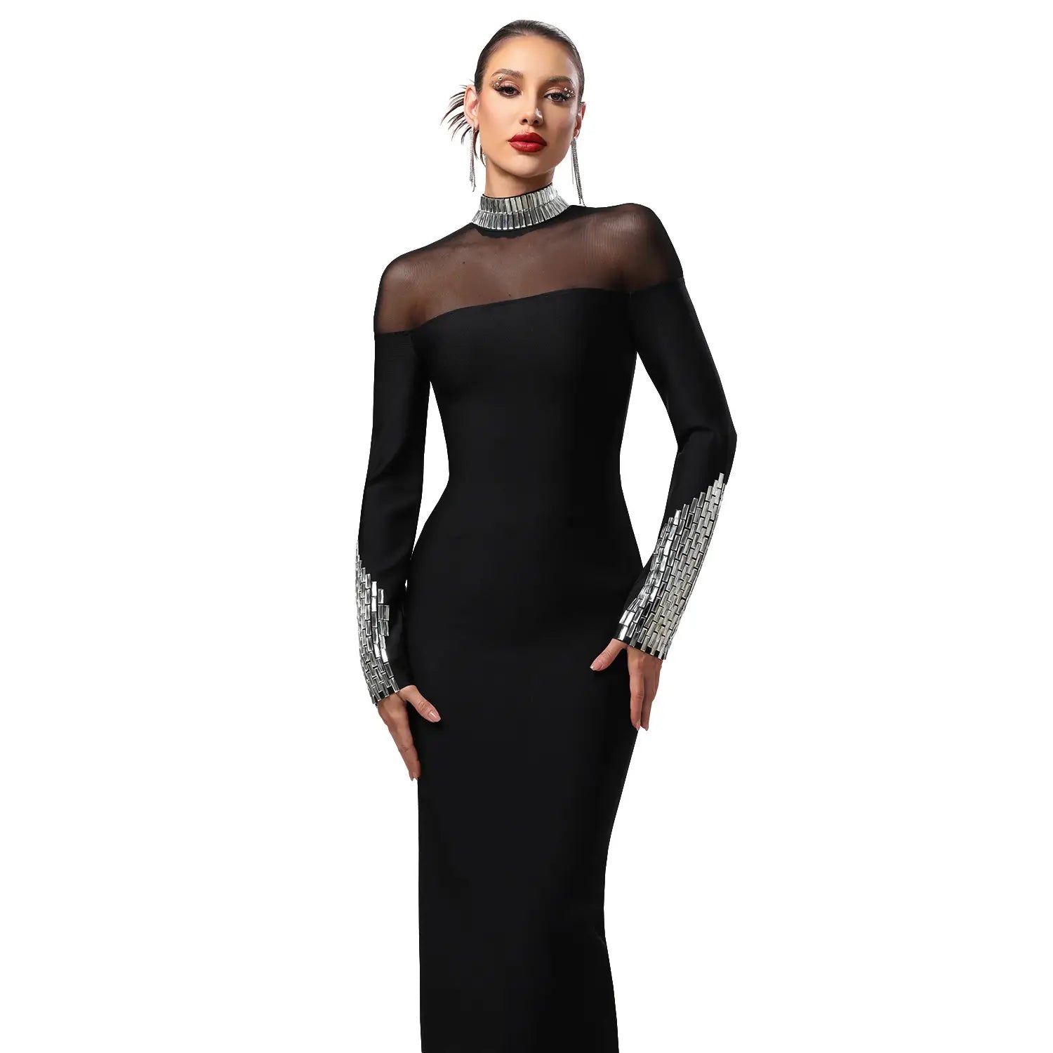 Elegant high neck long sleeve fitted sequined dress for women