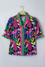 Rose Floral Print Frilled Contrast Striped Trim V Neck Short Sleeve Blouse