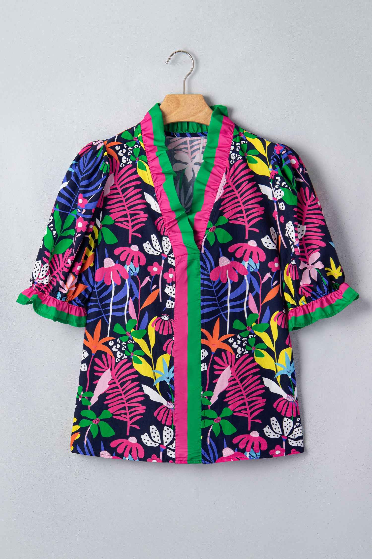 Rose Floral Print Frilled Contrast Striped Trim V Neck Short Sleeve Blouse
