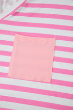Pink Stripe Colorblock Patched Pocket V Neck Plus Size Tee