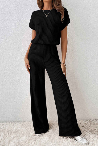 Black Ribbed Keyhole Short Sleeve Wide Leg Jumpsuit