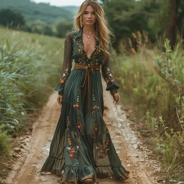 Retro Countryside Style V-Neck Printed Long Sleeve Dress