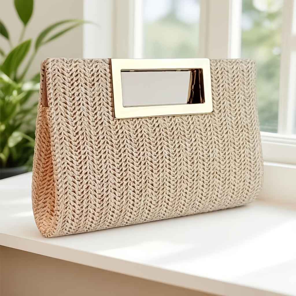 Elegant Striped Woven Clutch Metal Handle Chain Strap