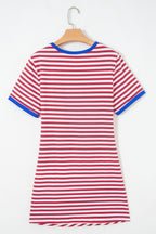 Sky Blue Stripe Nautical Tie Contrast Trim Round Neck T Shirt Mini Dress