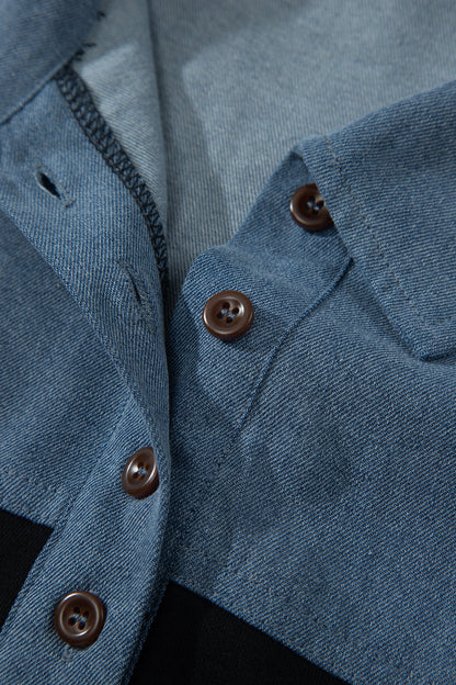 Light Grey Color Block Denim Patchwork Button Polo Collar Short Sleeve Top