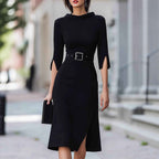 Elegant 3/4 Sleeve Split Midi Dress with Belt - Shein Style Fashion