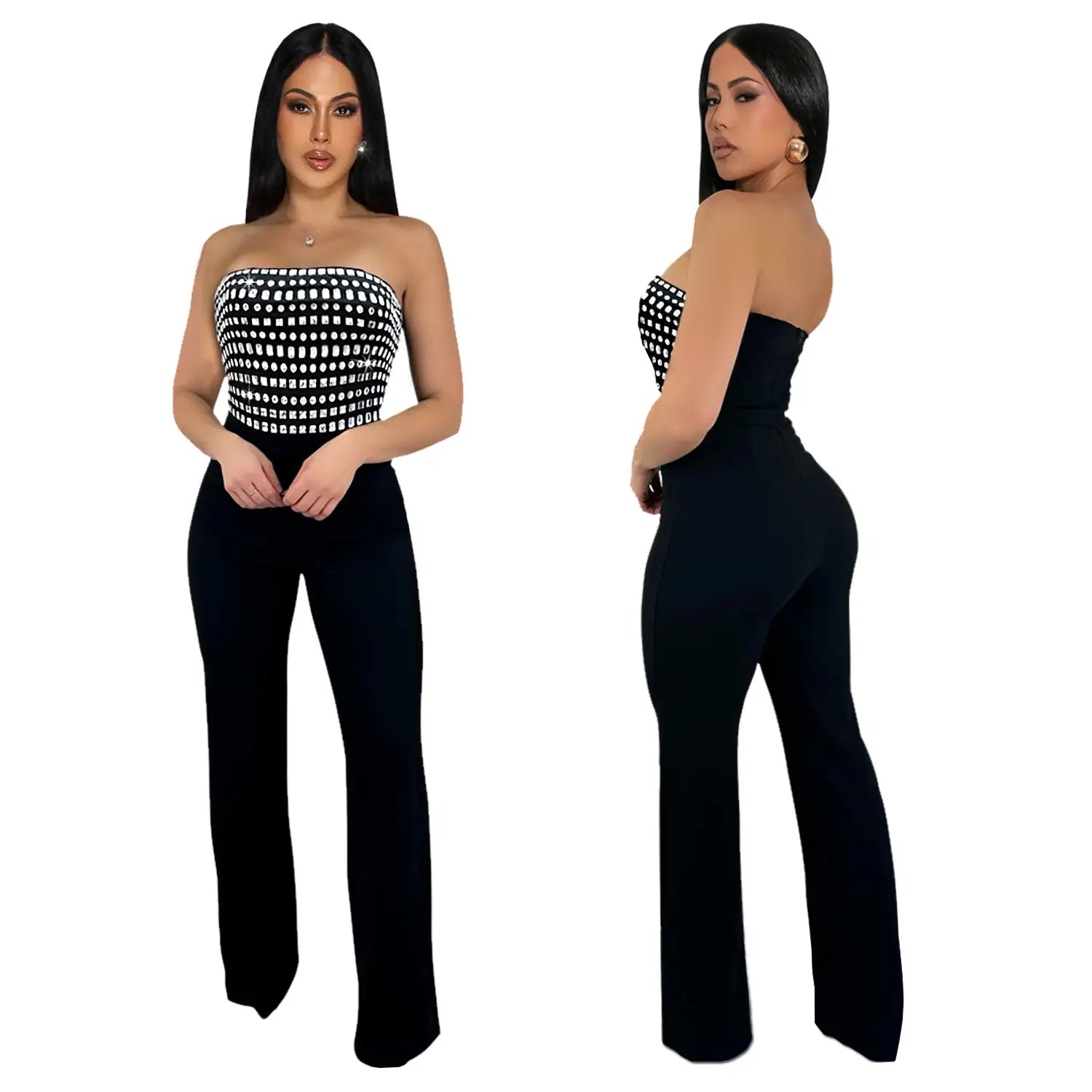 Style summer rhinestone bodysuit sexy strapless unique straight fit solid color long pants for women