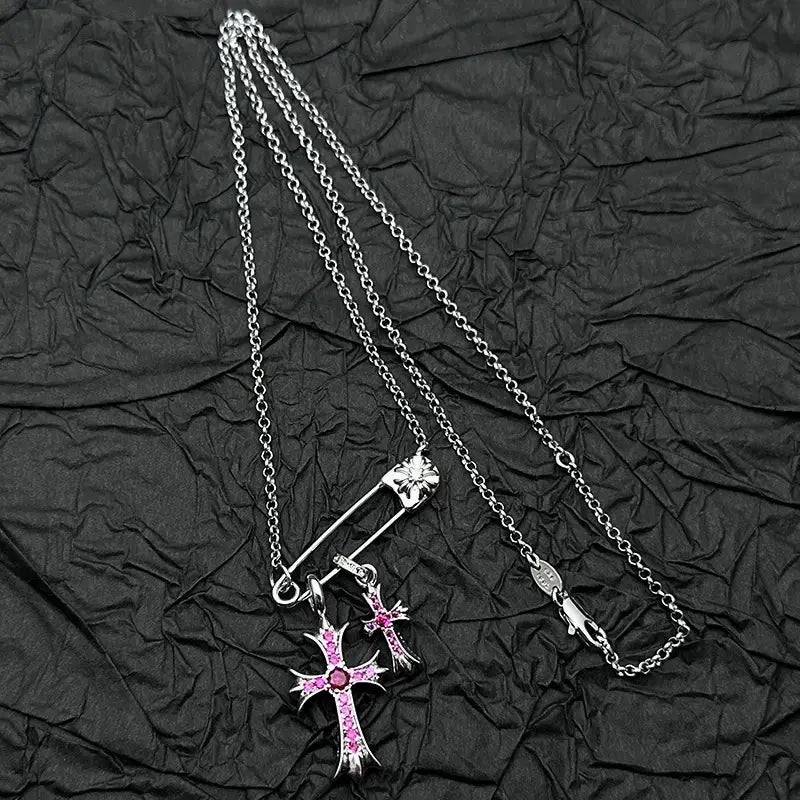 925 silver plated white gold rhinestone pin double cross pendant necklace for men and women european and american style