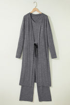 Delicacy 3pcs V Neck T Shirt Ribbon Knot Pants Open Duster 3pcs Lounge Set