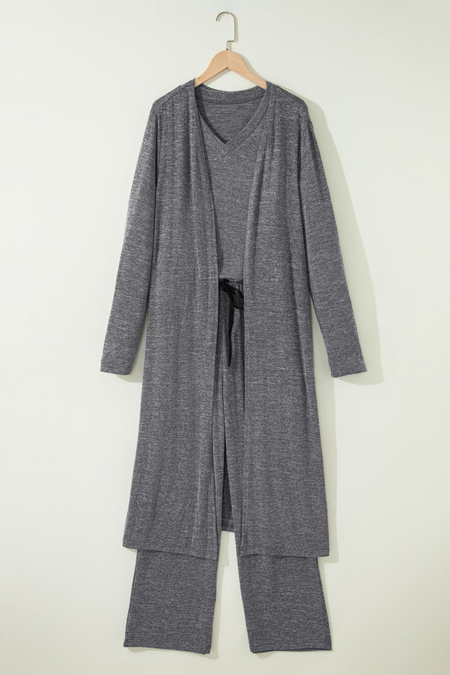 Delicacy 3pcs V Neck T Shirt Ribbon Knot Pants Open Duster 3pcs Lounge Set