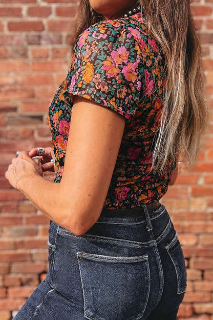 Brown Floral Printed Mesh Short Sleeve Top