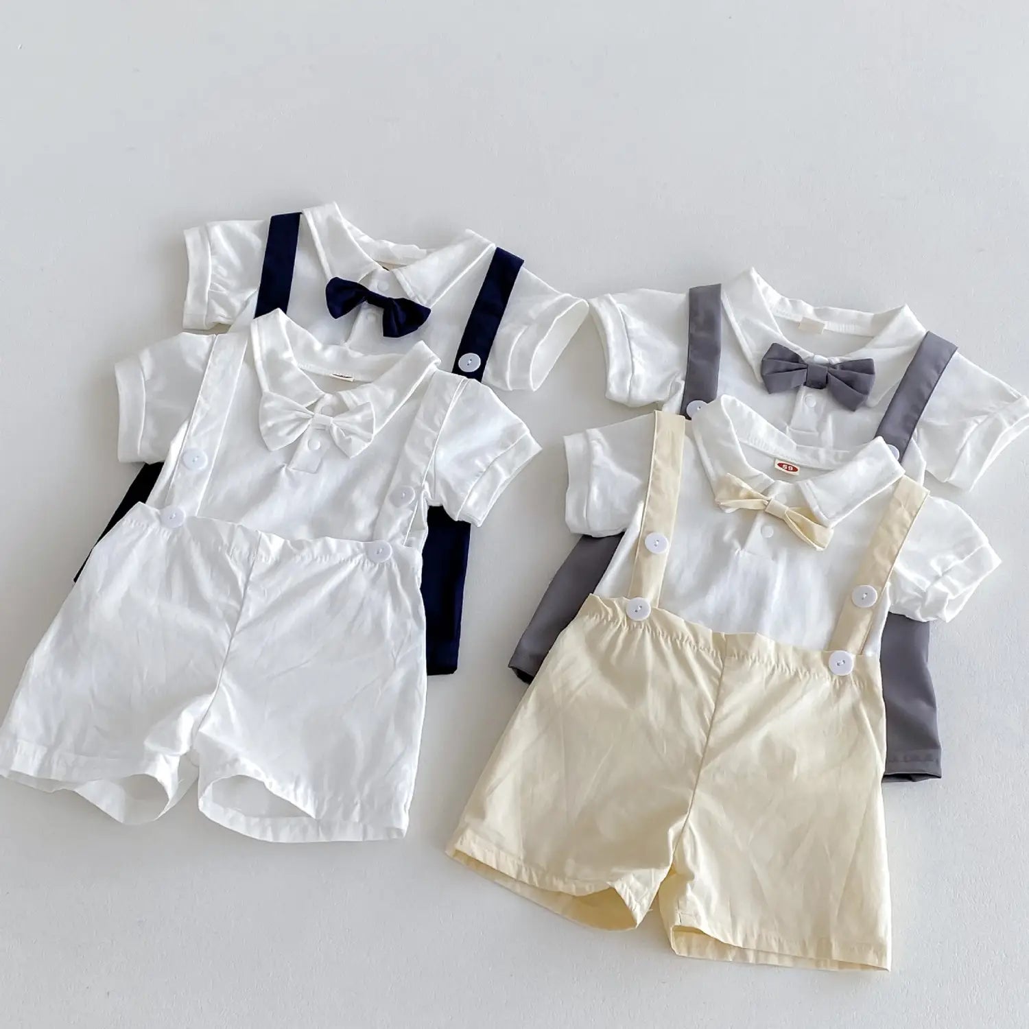 Summer baby hoodie tie suspender shorts two-piece set for gentlemen’s one month and one year old dress suspender pants
