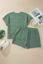 Mineral Blue Plus Size Textured Short Sleeve Top Drawstring Shorts Set