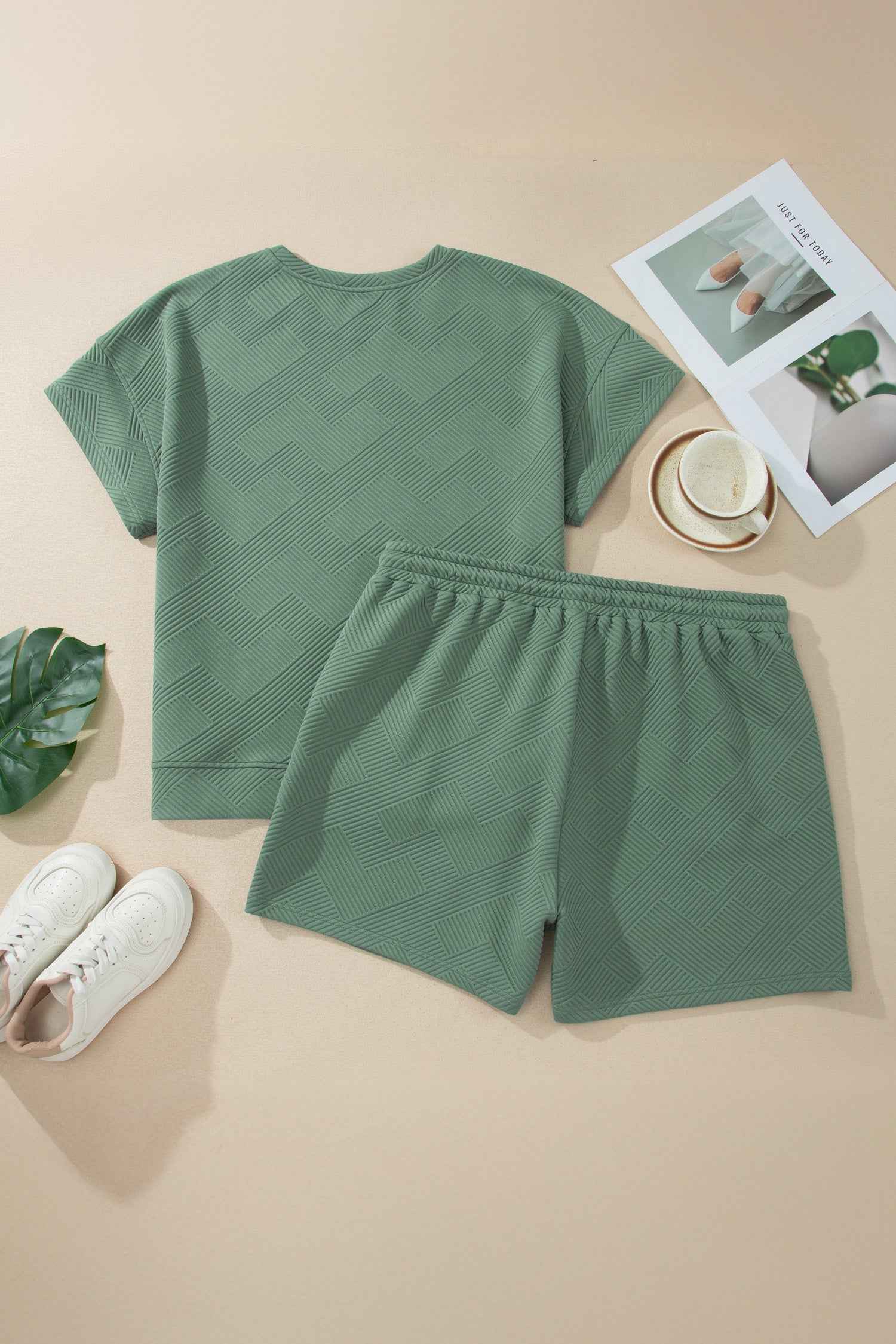 Mineral Blue Plus Size Textured Short Sleeve Top Drawstring Shorts Set