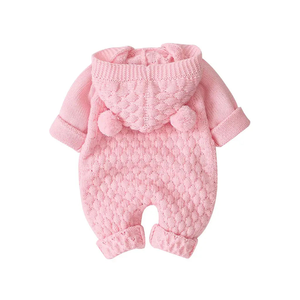 Children’s three-dimensional fur ball hooded solid color knitted jumpsuit
