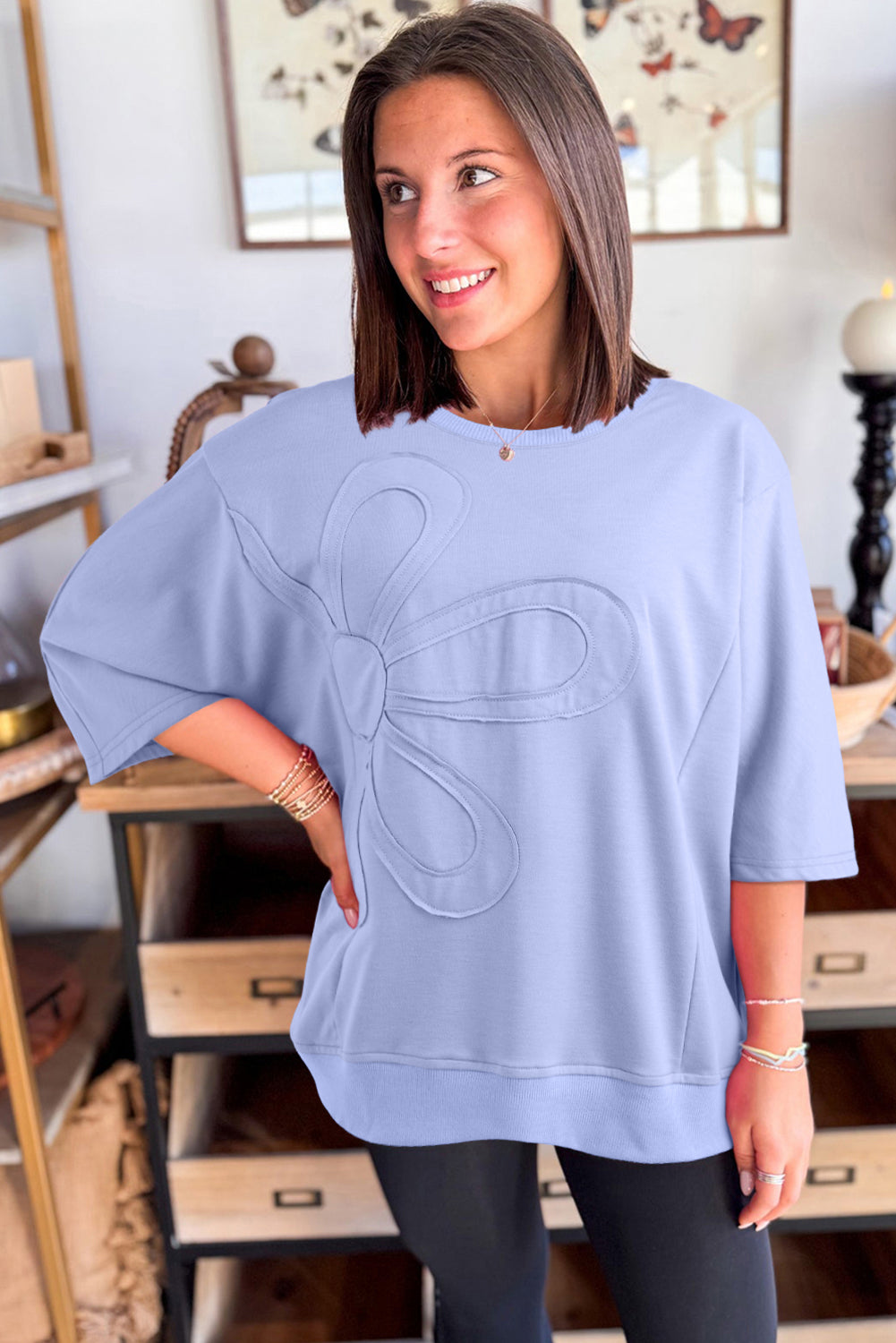 Sachet Pink Solid Color Floral Patched Half Sleeve Tunic Top