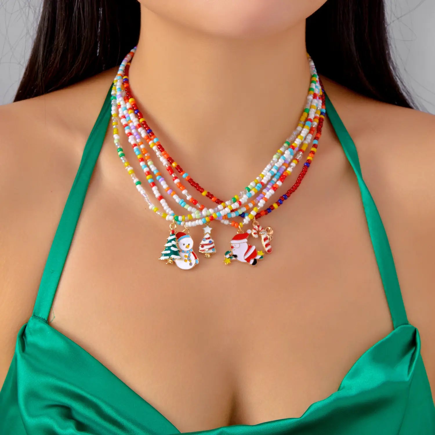 Christmas cartoon santa bell snowman snowflake pendant colorful seed bead necklace for women