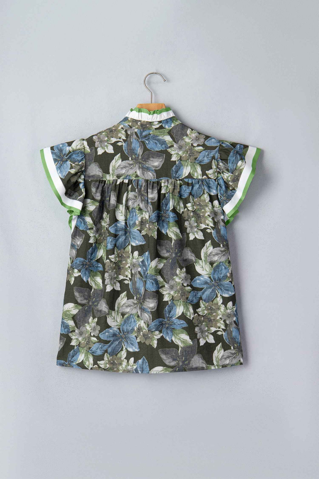 Green Ruffled Short Sleeve Floral Summer Blouse