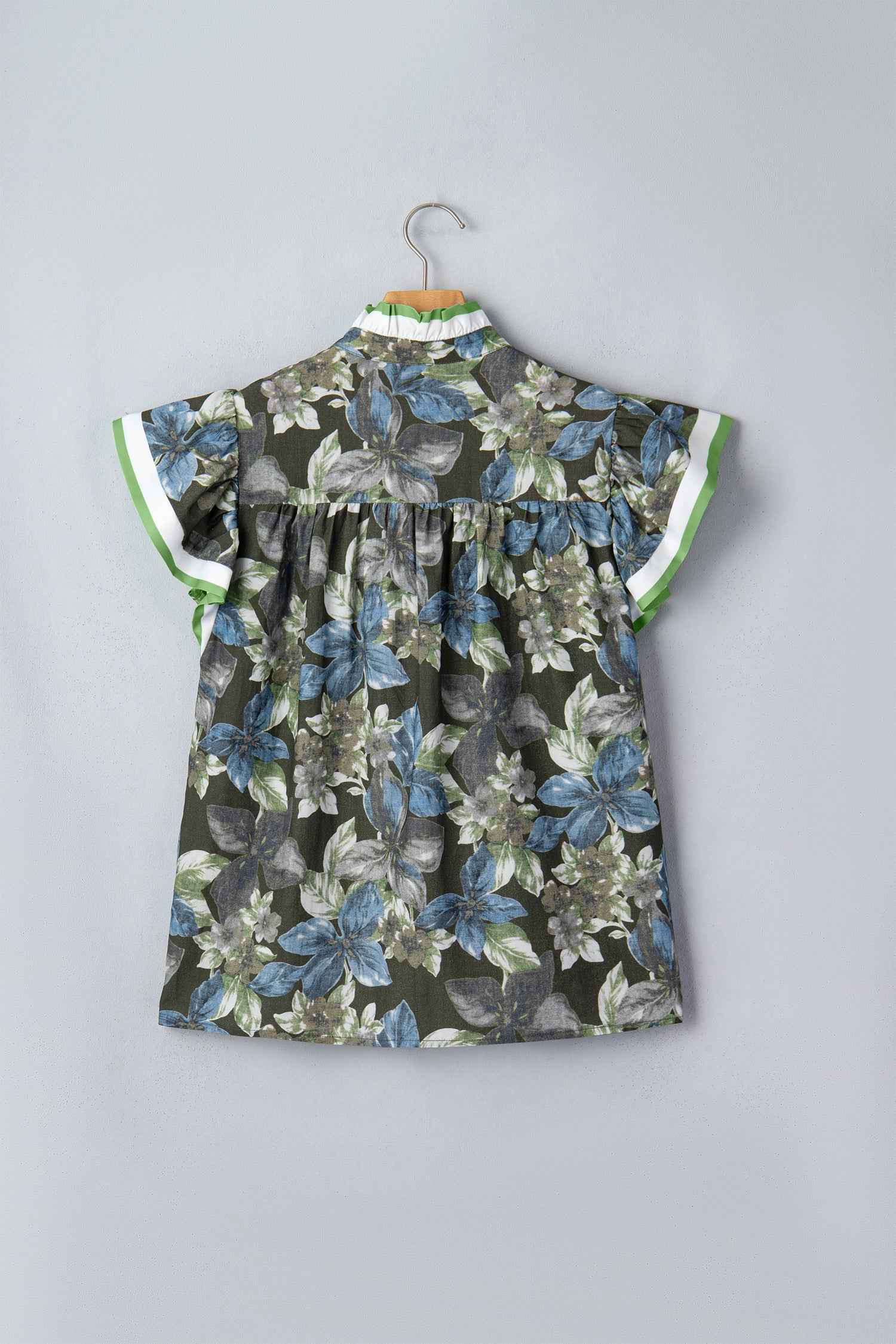 Green Ruffled Short Sleeve Floral Summer Blouse