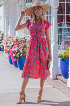 Rose Flutter Sleeve Belted Floral Long Dress