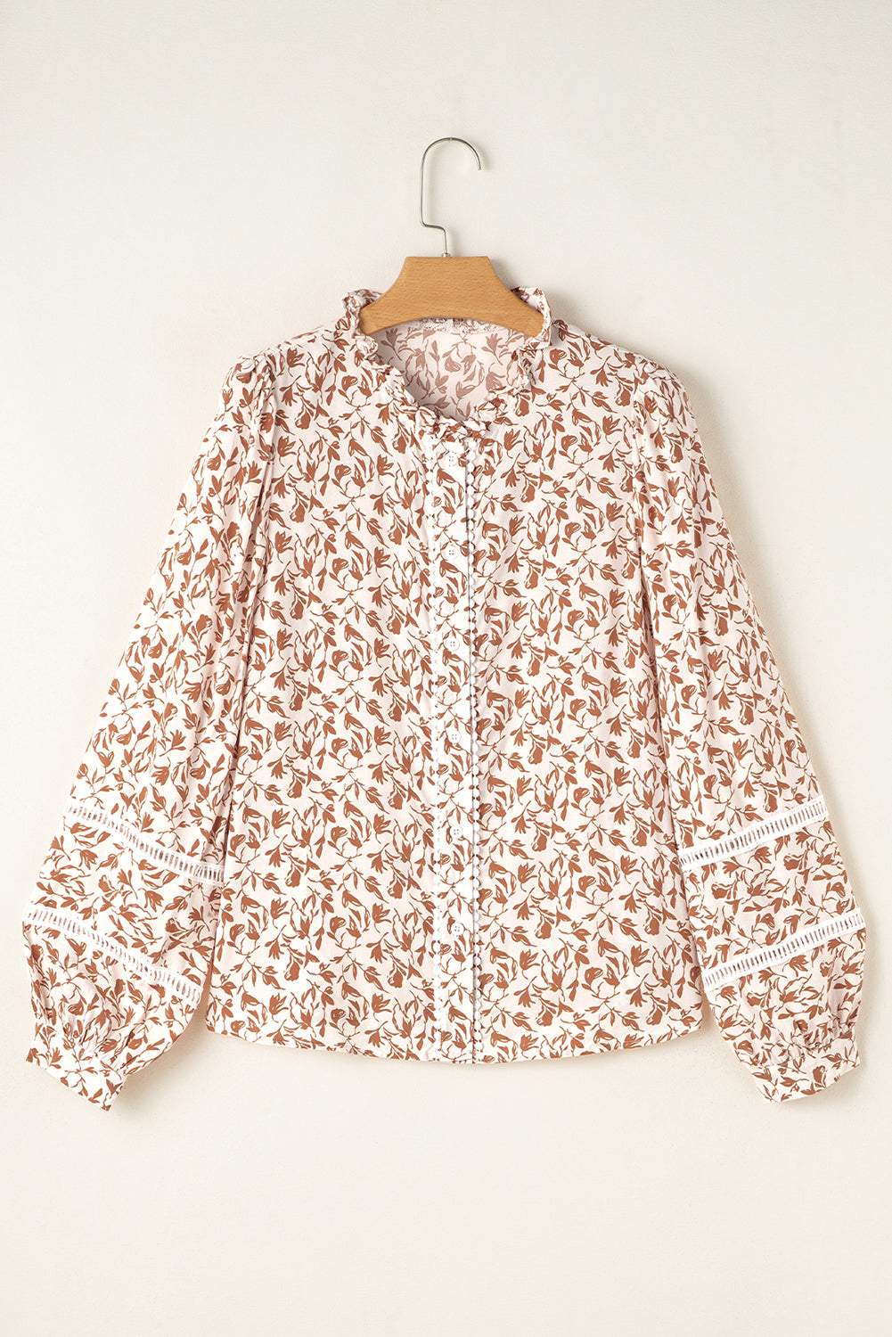 Blue Floral Print Lace Detail Puff Sleeve Shirt