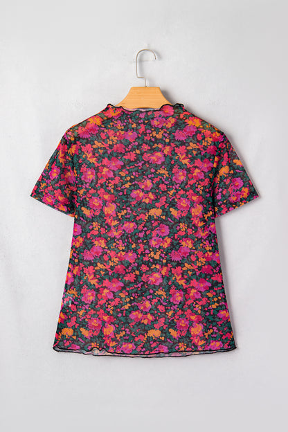Brown Floral Printed Mesh Short Sleeve Top