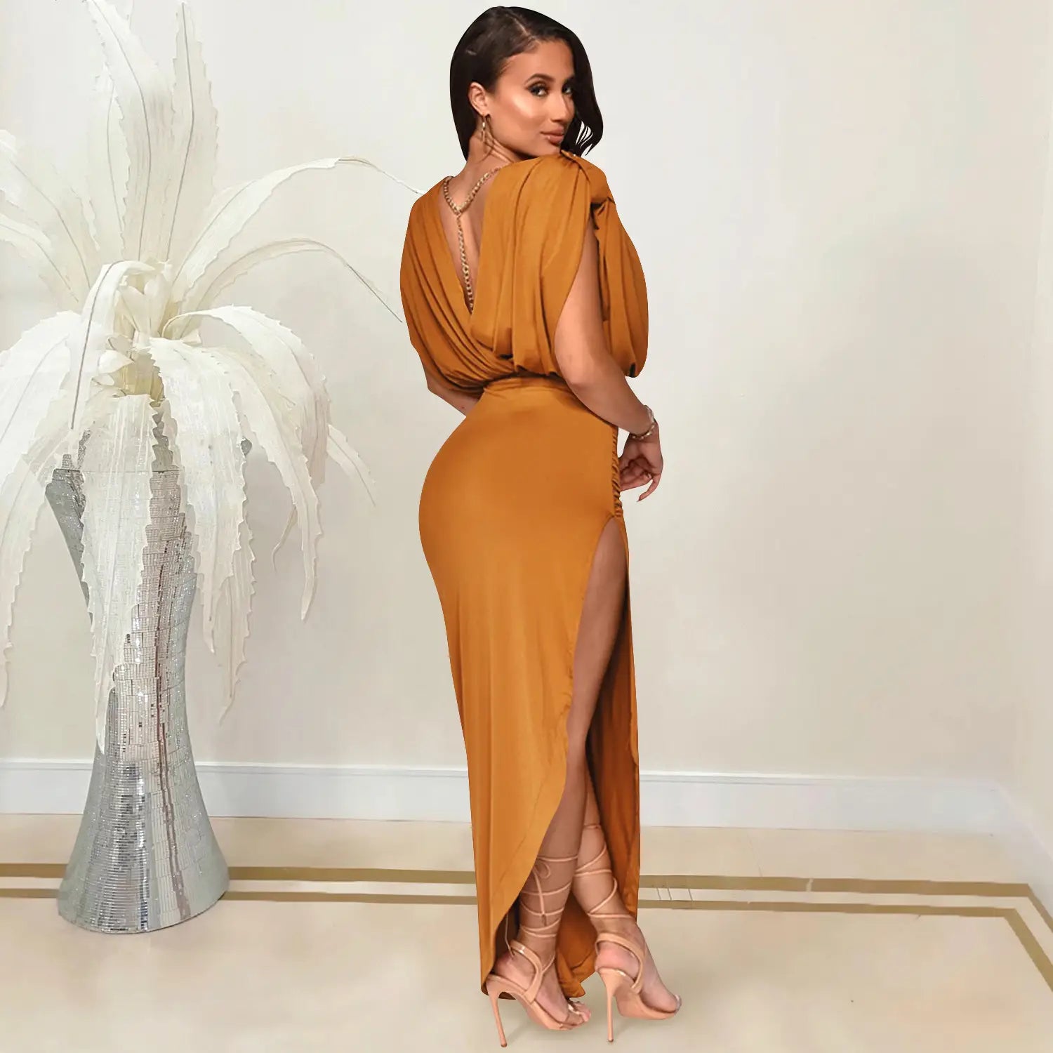 Fashion solid color women’s round neck sleeveless pleated asymmetrical slit long dress