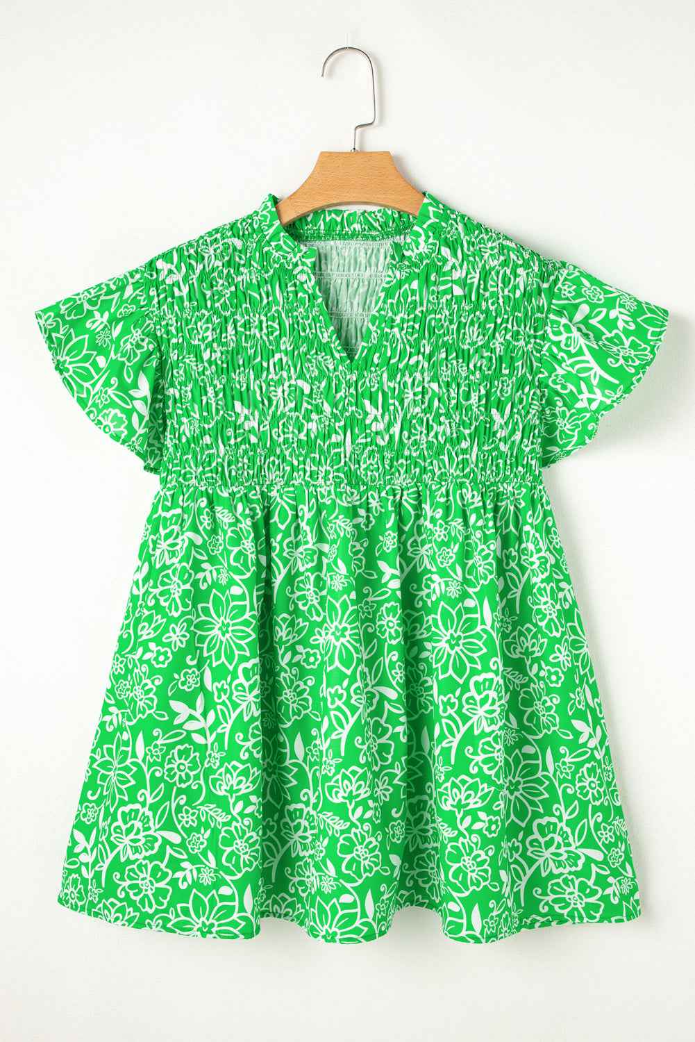 Green Floral Smocked Boho Plus Size Blouse