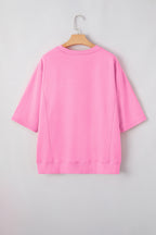 Sachet Pink Solid Color Floral Patched Half Sleeve Tunic Top