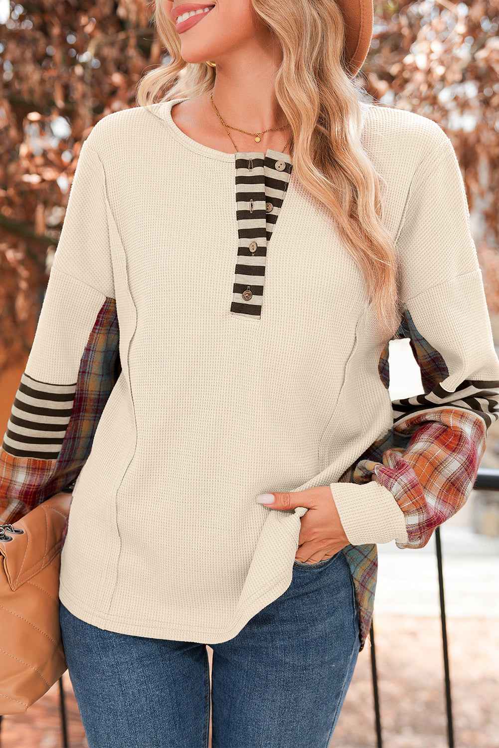 Beige Waffle Stripe Plaid Patchwork Henley Top