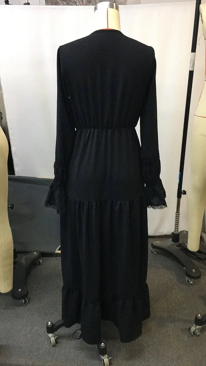 Western Rustic Solid Color Long Sleeve V-Neck Maxi Dress