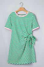 Sky Blue Stripe Nautical Tie Contrast Trim Round Neck T Shirt Mini Dress