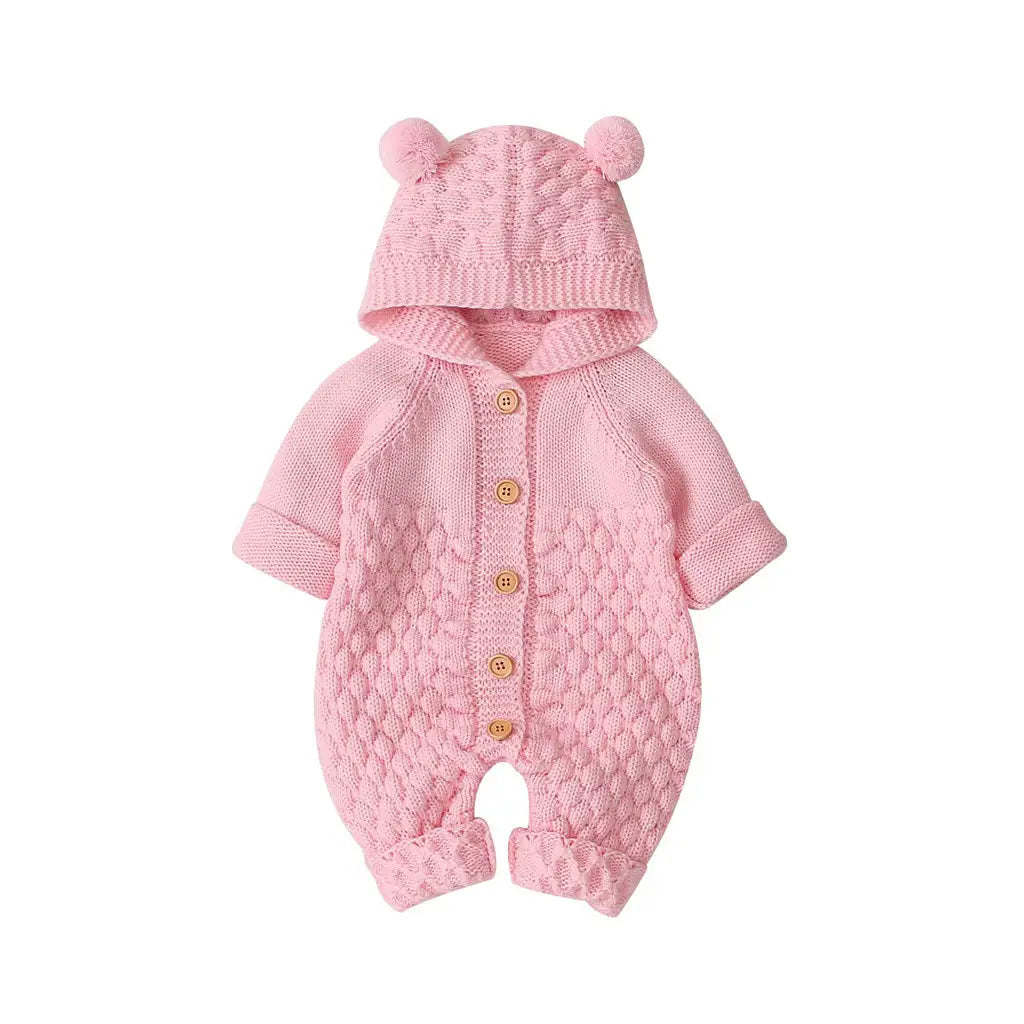 Children’s three-dimensional fur ball hooded solid color knitted jumpsuit