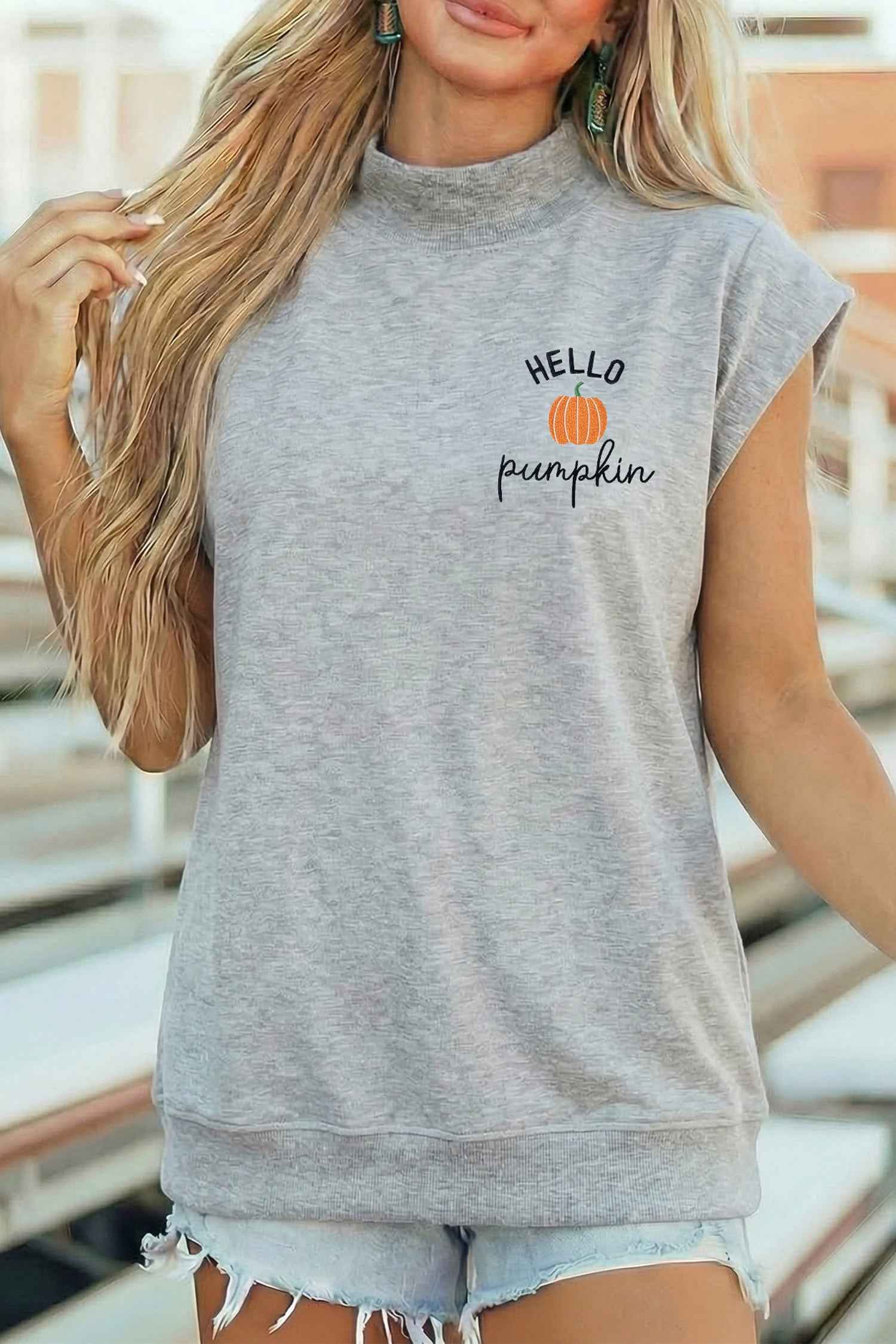 Light Grey HELLO Pumpkin Embroidered Graphic High Neck Cap Sleeve Top