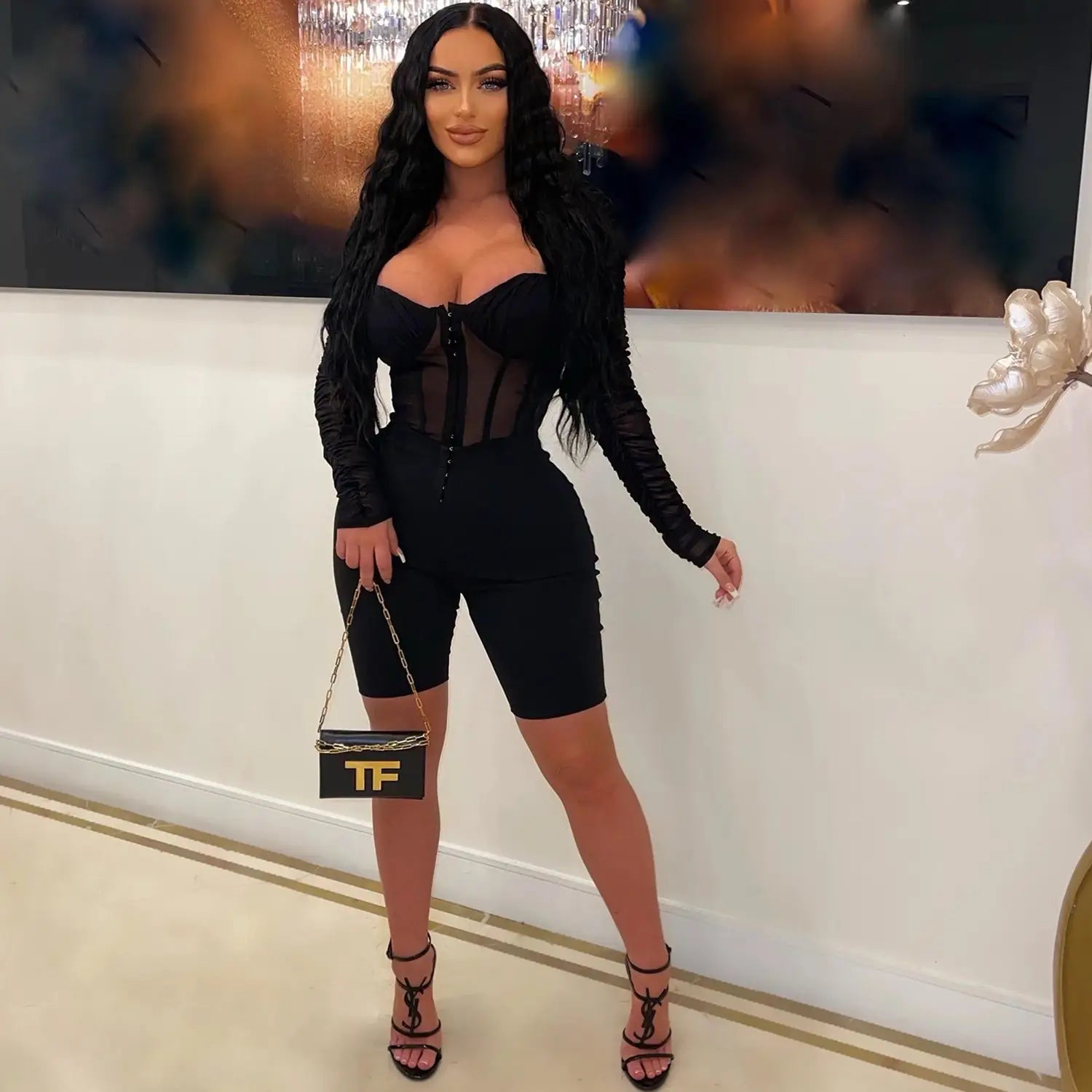 Fashion women’s solid color long sleeve short pants mesh sheer jumpsuit
