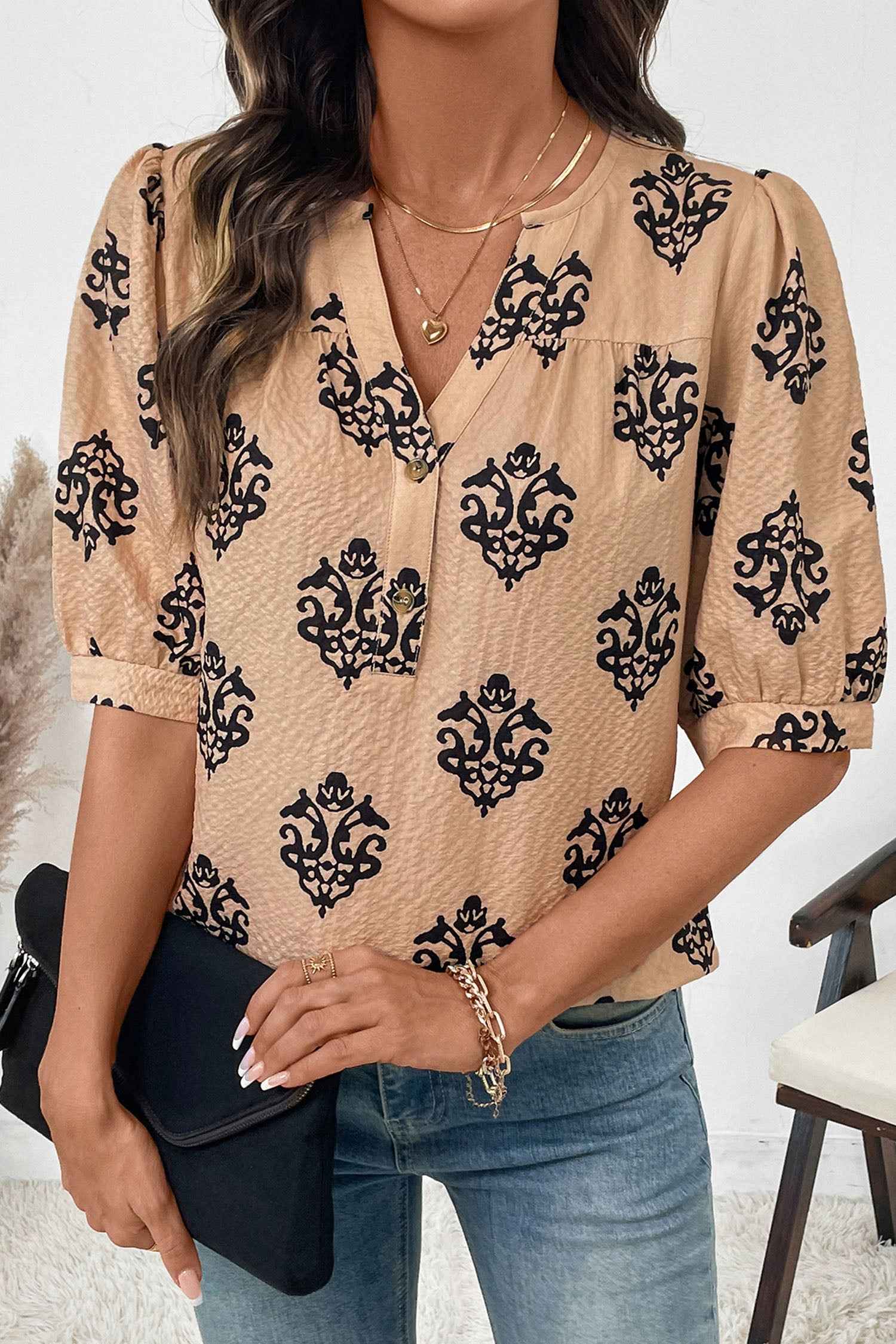 Apricot Floral Print Half Button Puff Sleeve Blouse