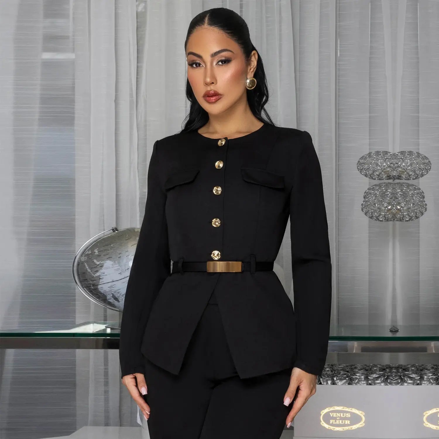Fashionable women’s slimming belted top and pants set