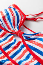 Red July 4th Stripes Star Floral Impression Cutout Spaghetti Straps One Piece Swimsuit